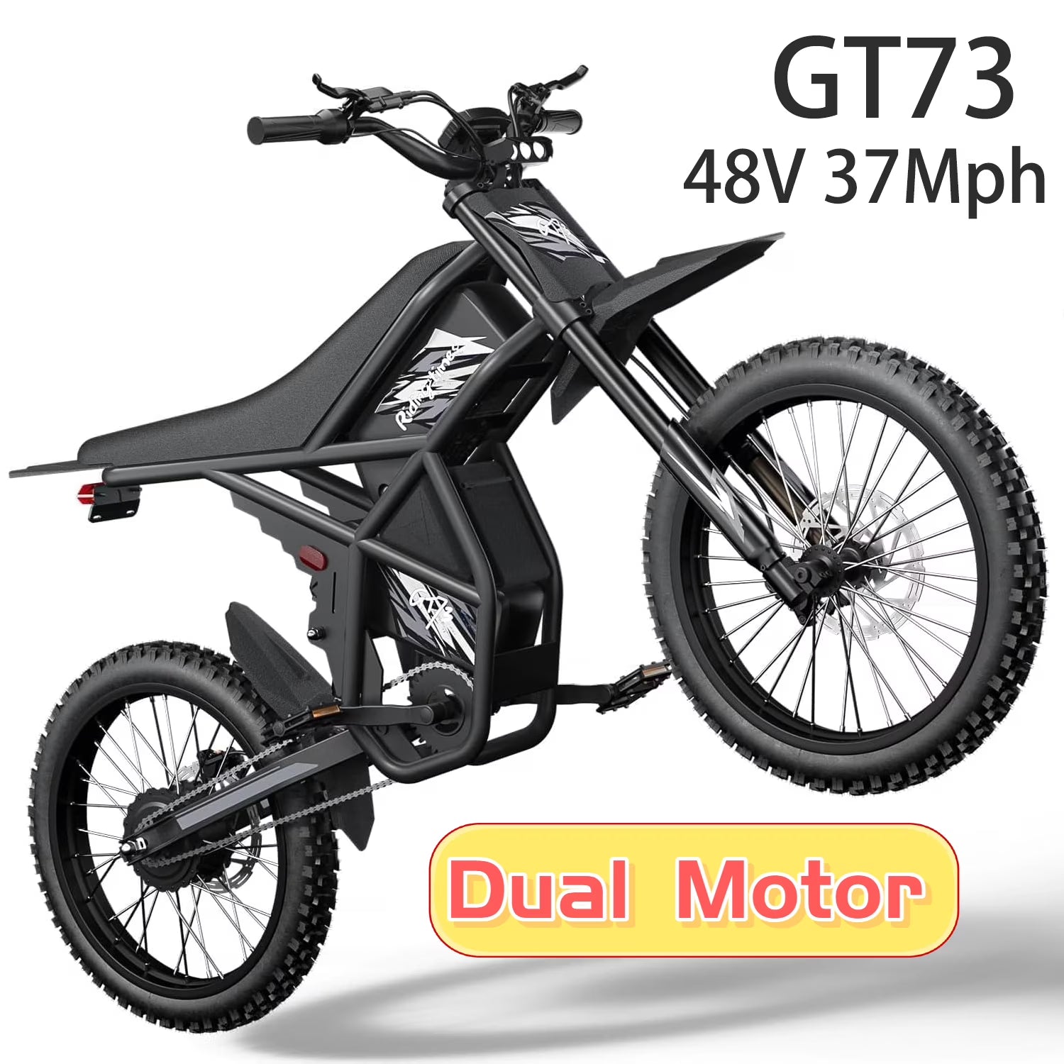 Riding'Times GT73 Electric Dirt Bike for Adults, 37MPH 48V36.4AH 2400W 1747wh Dual Battery Ebike, 85+ Miles Range, 25" Motorcycle Tire UL2849 Certified, Full Suspension