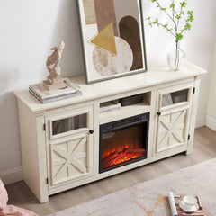 60" Farmhouse Fireplace TV Stand for Tvs up to 70 in, Entertainment Center with 18" Electric Fireplace, Rustic TV with Glass Barn Doors for Living Room, Adjustable Shelf