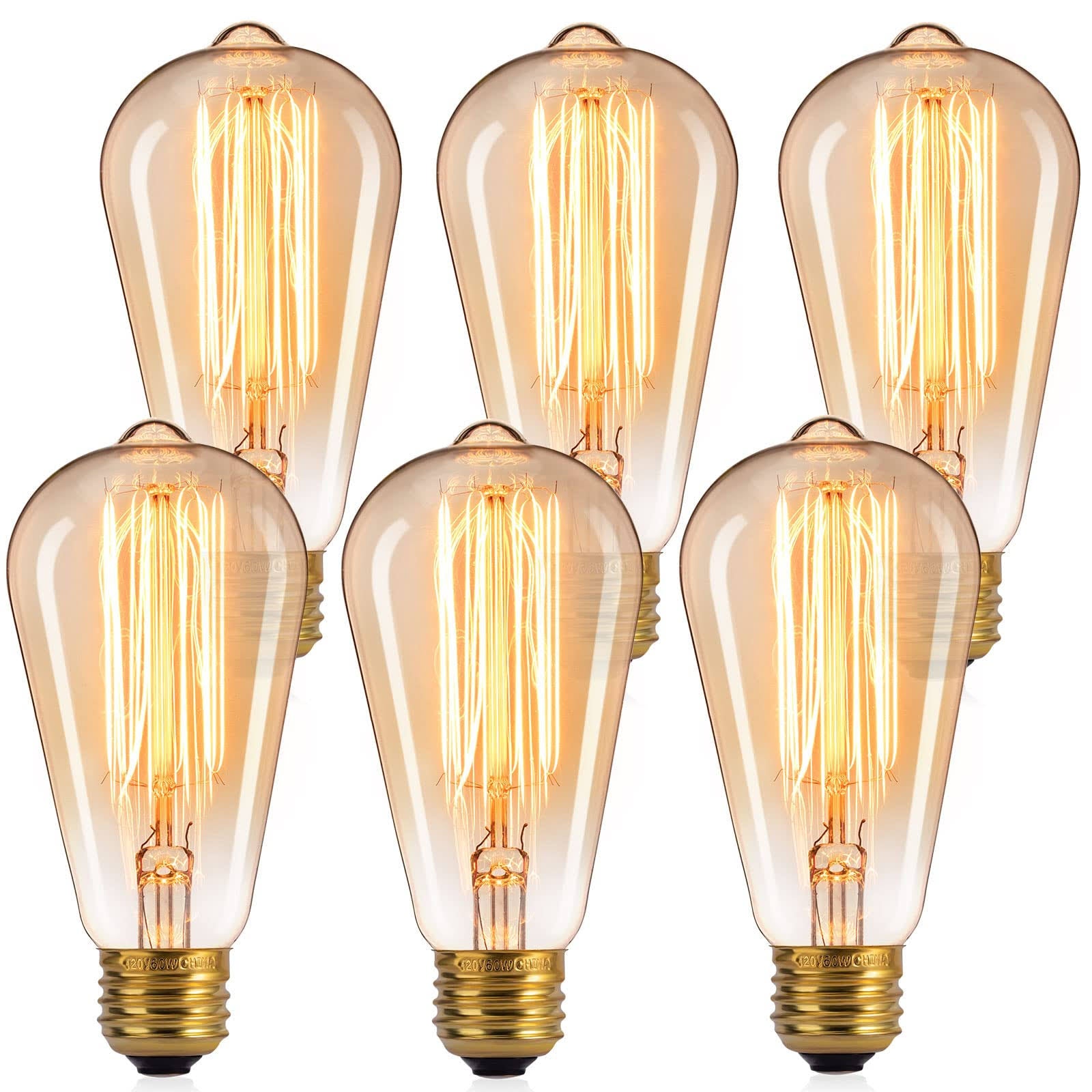 Brightown Edison Light Bulbs 6pcs Vintage 60 Watt Incandescent Light Bulbs E26 Base Dimmable Decorative Antique Filament Light Bulbs 252 Lumens Amber
