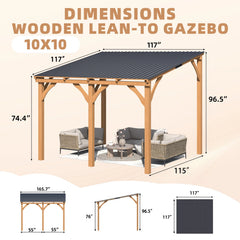AECOJOY 10' x 10' Outdoor Wooden Gazebo, Patio Lean to Hardtop Pergolas and Gazebos