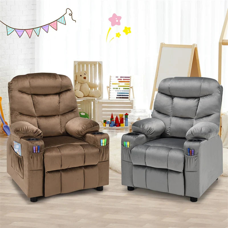 Kids Recliner Chair Adjustable Velvet Lounge Sofa with Cup Holders, 3 Pockets, Retractable Footrest, Toddler Furniture Sofa for Boys Girls Room