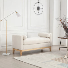 53.5"w Elegant Upholstered Bench with Wood Legs & Round Pillows, Comfy Boucle Fabric Footrest with Arms, Entryway Bench for End of Bed, Bedroom and Living Room, Ivory