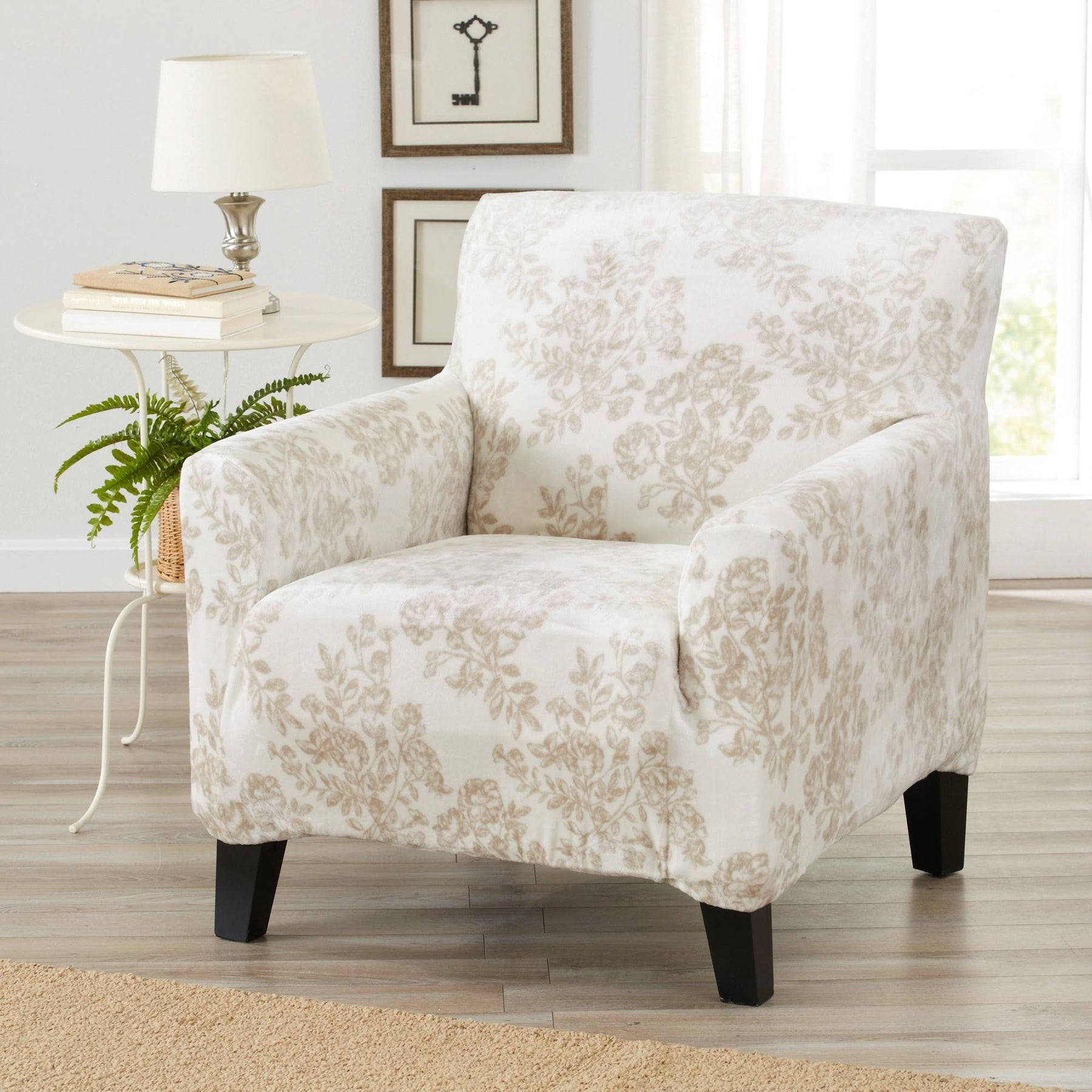 Great Bay Home Stretch Velvet-Plush Washable Chair Slipcover (Chair, Silver Cloud - Toile)