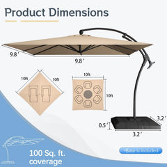 AECOJOY 10x10 FT Cantilever Patio Umbrella with Base, Aluminum Offset Umbrella with 360° Rotation
