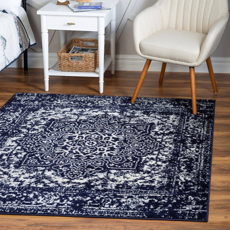 Arlington Navy Blue Vintage 4 ft Square Area Rug