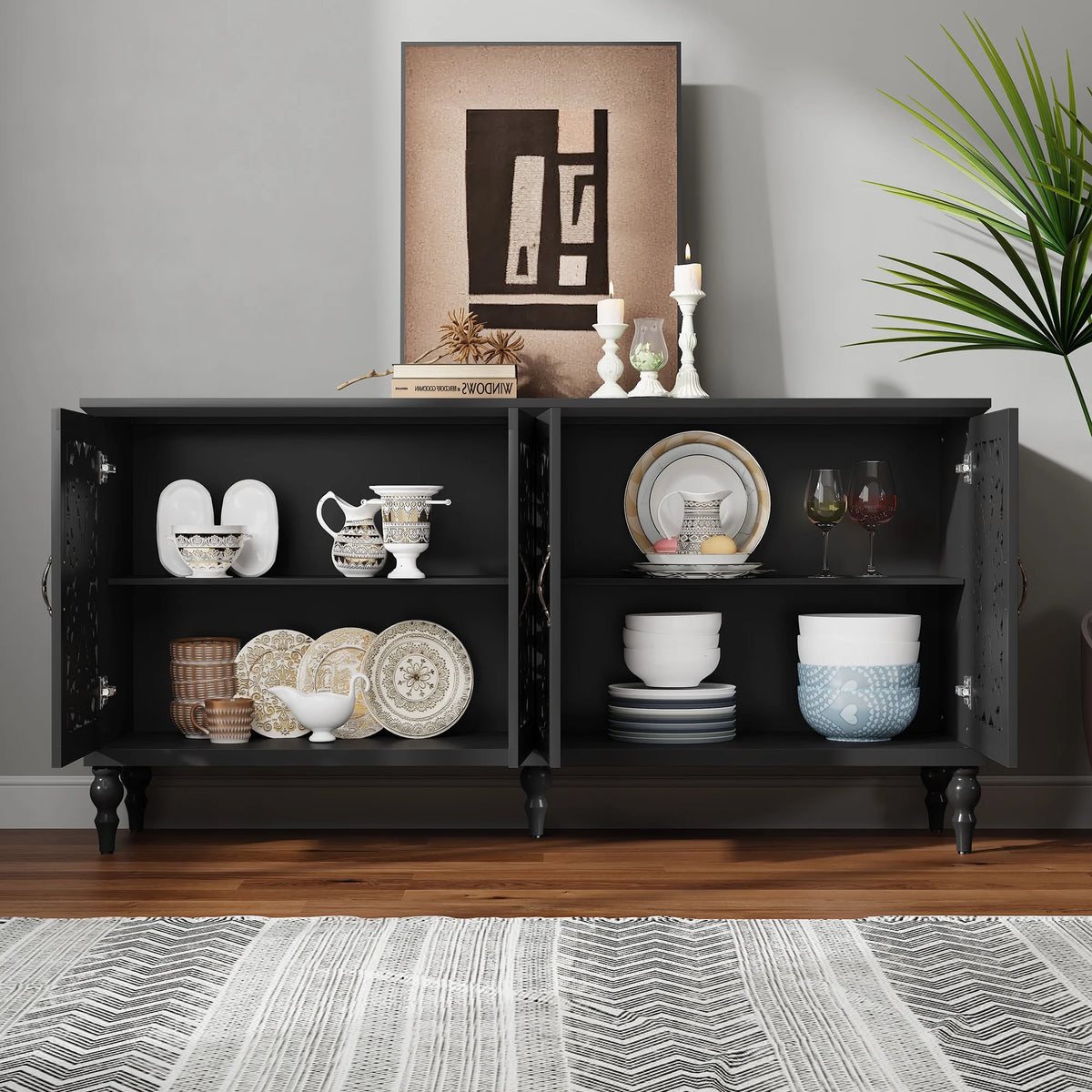 HLR 48" Accent Cabinet with 4 Doors, Vintage Hollow Carving Storage Credenza, Sideboards and Buffets Cabinet for Living Room, Kitchen, Dining Room, Entryway