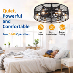 26 - Inch Farmhouse Caged Ceiling Fan with Light, Remote & APP Control Quiet DC Motor E26 Bulbs Included Black