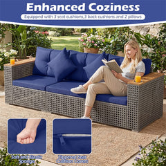 86.5" 3-Seat Patio Wicker Sofa, 3PCS Modular PE Rattan Sectional Furniture Set with Cup Holders & Wood Armrests, Outdoor Couch for Garden Yard