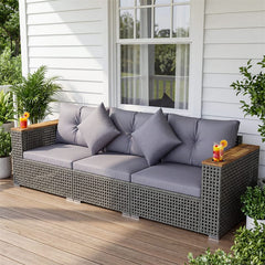 86.5" 3-Seat Patio Wicker Sofa, 3PCS Modular PE Rattan Sectional Furniture Set with Cup Holders & Wood Armrests, Outdoor Couch for Garden Yard