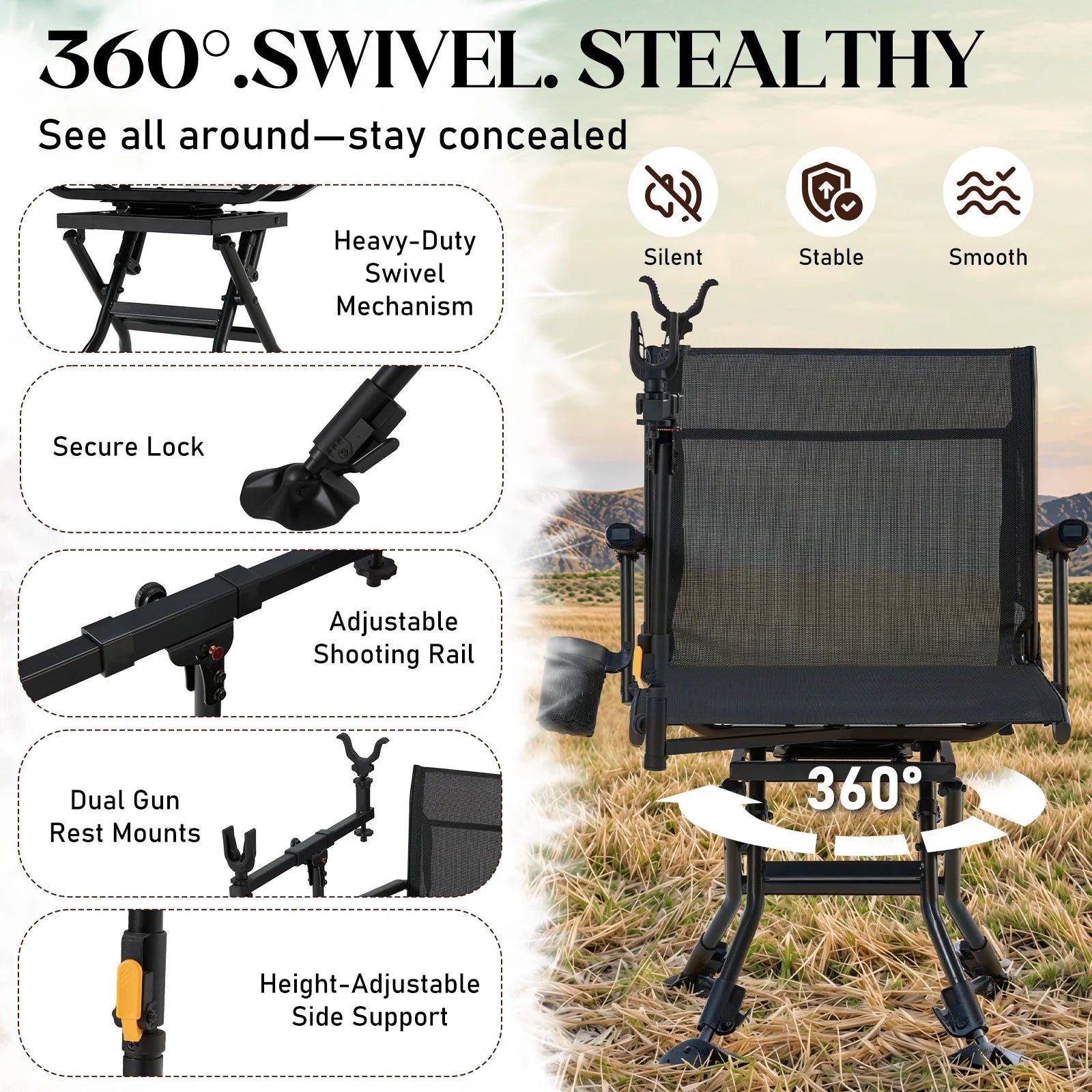 AECOJOY Hunting Chair with Rest, 360° Swivel, Adjustable Shooting Support, Portable for Blind or Range