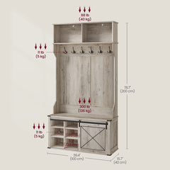 Hall Tree, Coat Rack with Shoe Bench, Entryway Furniture, Tri - Hooks, Rustic White and Honey Brown