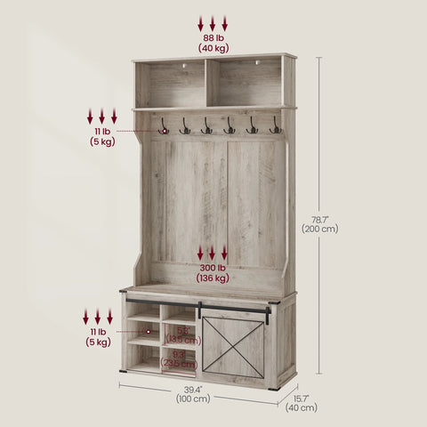 Hall Tree, Coat Rack with Shoe Bench, Entryway Furniture, Tri - Hooks, Rustic White and Honey Brown