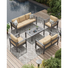 AECOJOY Aluminum Patio Furniture Set, 5 Pieces Outdoor Sectional Sofa Set, Beige
