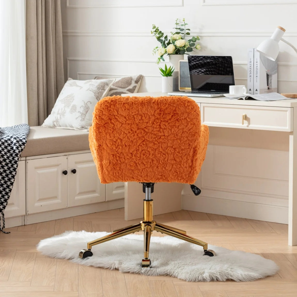 Furniture Office Chair, Artificial Rabbit Hair Makeup Vanity Chair Chair, 360 Comfy Swivel Armchair with Wheels, Modern Height Adjustable Cute Vanity Chair for Living Room Small Spaces Pink