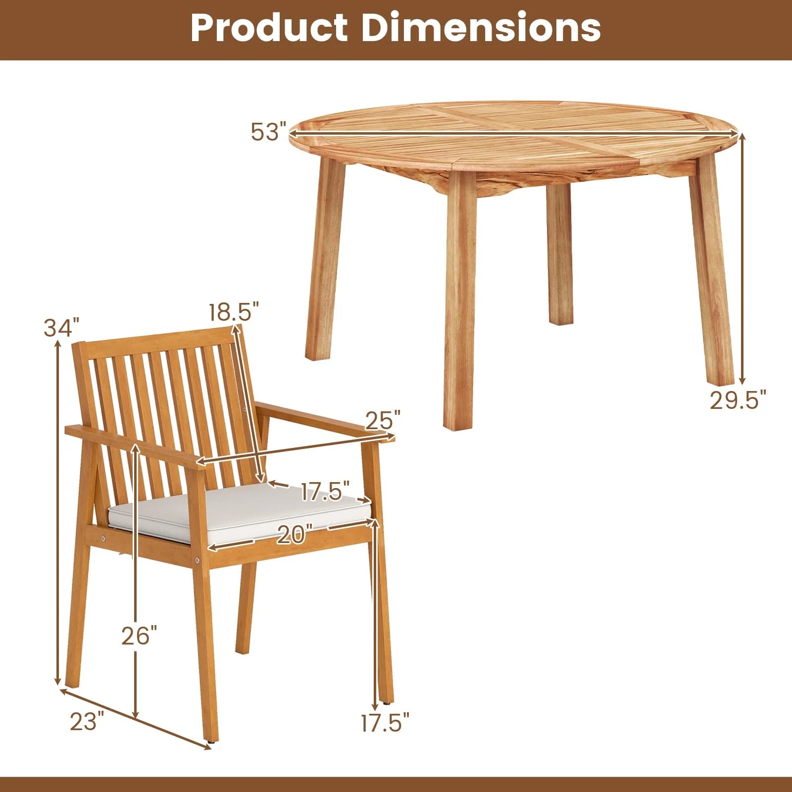 Tangkula 5 Pieces Outdoor Acacia Table and Chairs with Umbrella Hole and Soft Cushions