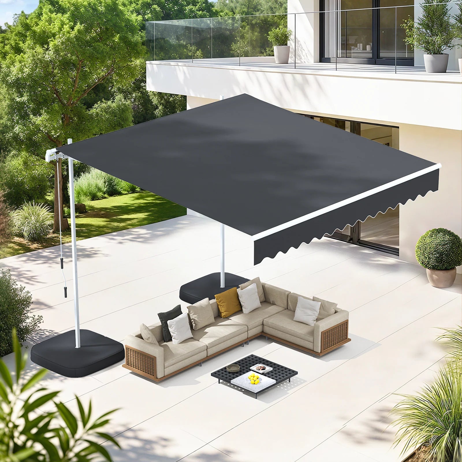 AECOJOY Free Standing Retractable Awning, 13'x8' Patio Awnings Outdoor Manual Sun Shade Shelter, Dark Grey