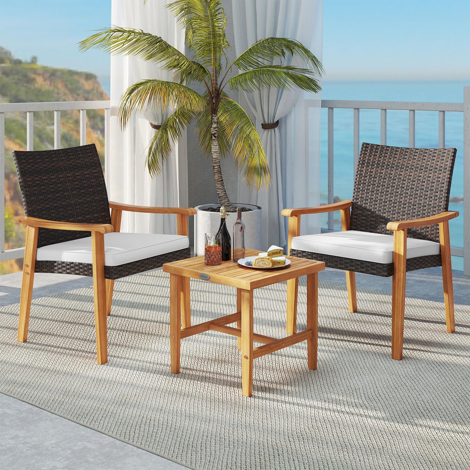 Tangkula 3 Pieces Patio PE Wicker Furniture Set Acacia Wood Outdoor Conversation Bistro Set
