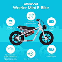 Droyd Weeler Electric Mini Bike - 24V 8ah Battery, 6 - 10 MPH, up to 8 Miles, LED Lights, Kids Ages 6+