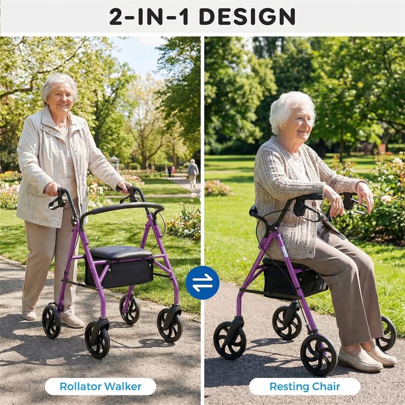 Foldable Rollator Walker with Seat & Height Adjustable Handles for Seniors, Lightweight Portable Rolling Walker w/ 8" Wheels & Storage Basket