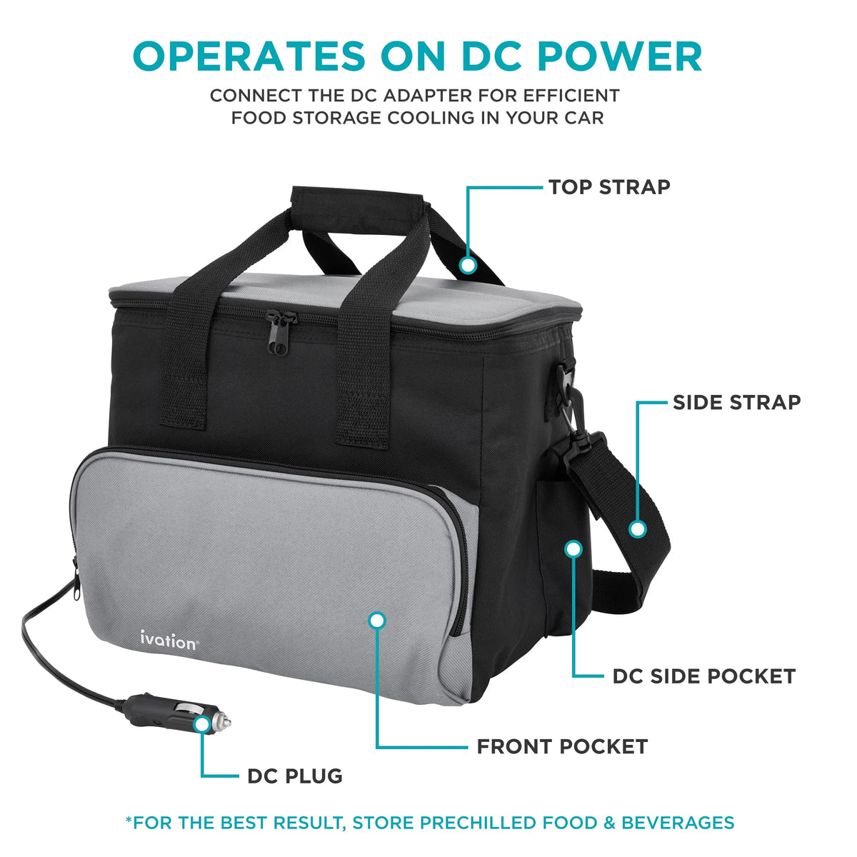 Ivation Portable Electric Cooler Bag | 15 L Soft Sided Thermoelectric Travel Cooler with Shoulder Strap, Storage Pocket & DC 12V Plug in for Car, Truck & RV Camping