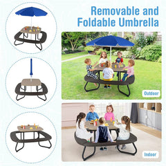 8-Person Kids Picnic Table Bench Set with Removable & Foldable Umbrella, Toddler Outdoor HDPE Activity Table and Chair Set for Backyard Patio