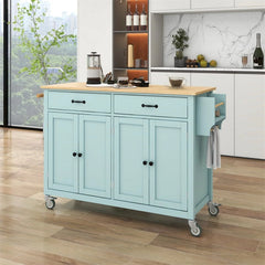 Kitchen Storage Islands&Carts with Solid Wood Top and Locking Wheels, Kitchen Island Cart with 4 Door Cabinet and Two Drawers, Kitchen Cabinets for Kitchen and Dining Room, Green