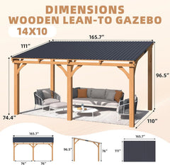 AECOJOY 14' x 10' Outdoor Wooden Gazebo, Patio Lean to Hardtop Pergolas and Gazebos