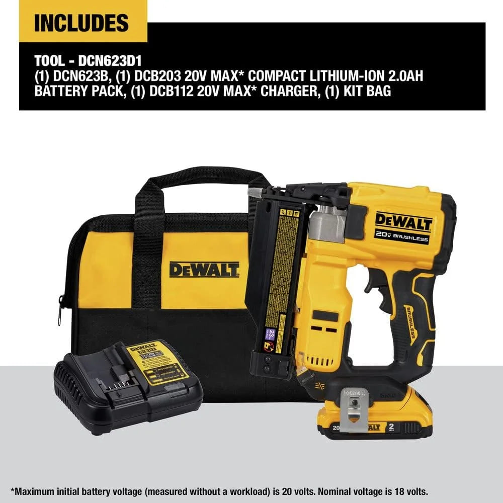 Dewalt DCN623D1 20 - Volt MAX Atomic Compact Cordless Pin Nailer Kit, Brushless Motor, 23 Gauge, Battery - Quantity 1