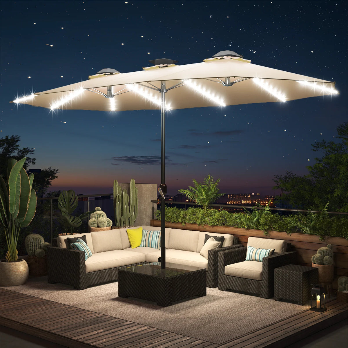 AECOJOY 15ft Patio Double-Sided Umbrella, 156 PCS Solar LED Light Outdoor Large Umbrella, Beige