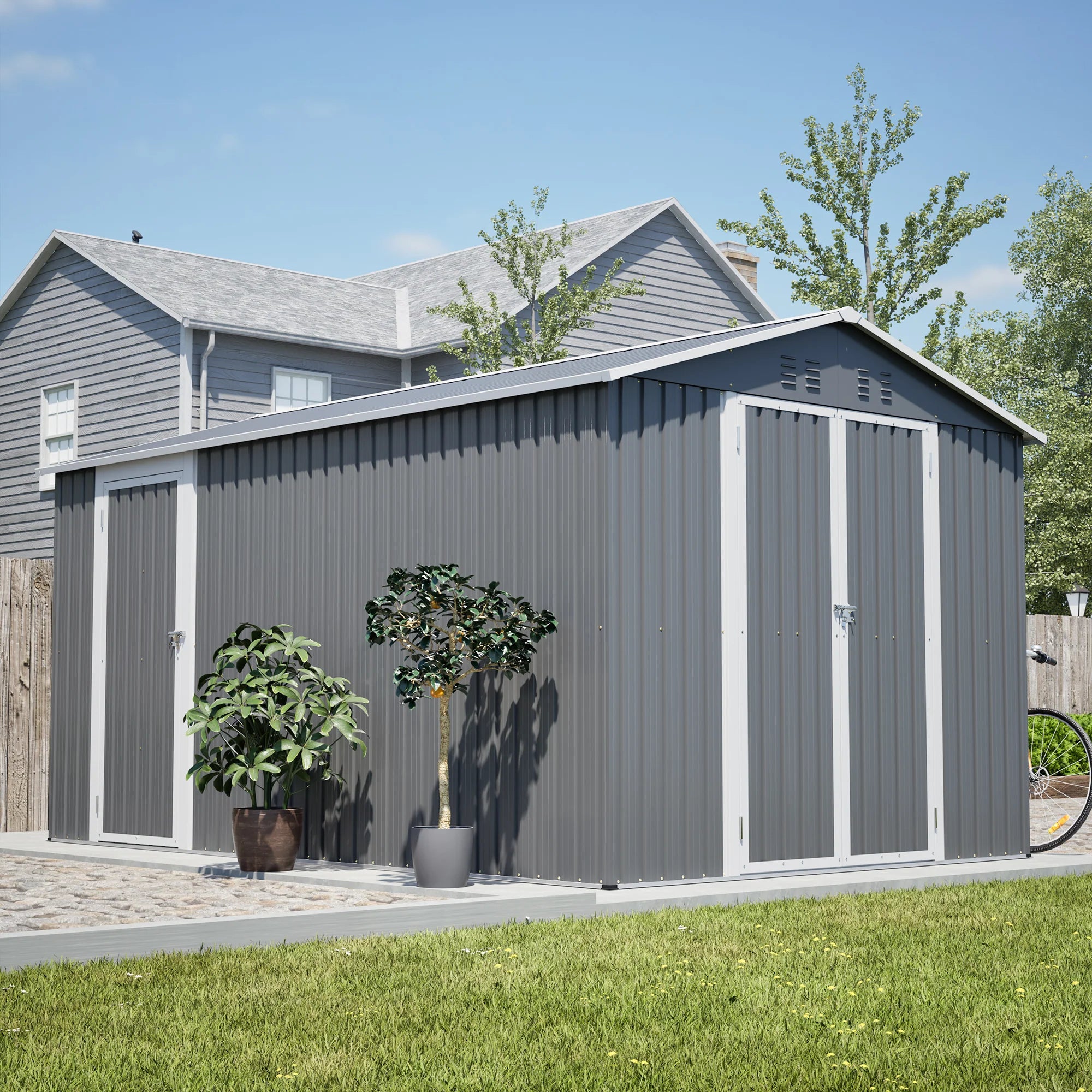 AECOJOY 8x12 FT Outdoor Metal Storage Shed with Additional Side Door, Large Tool Shed with 2 Lockable Doors