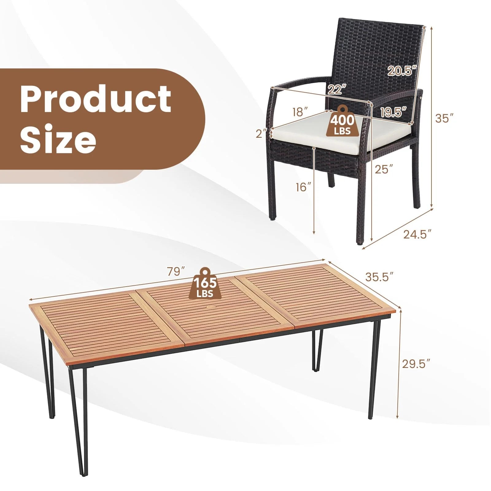 Tangkula 9 Pieces Patio Rattan Dining Set with Acacia Wood Table