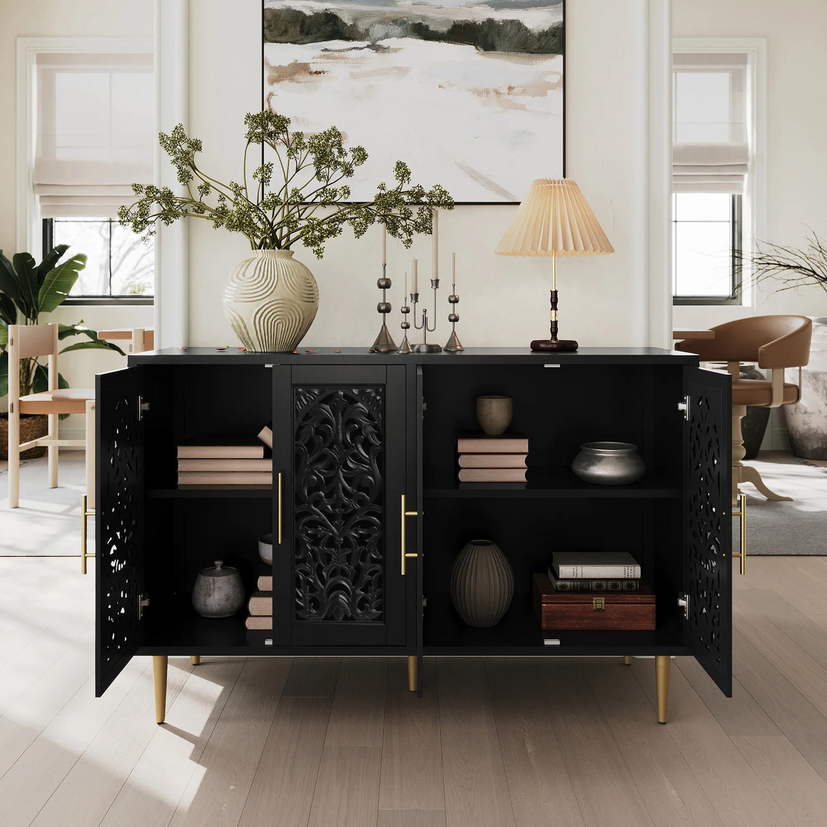 HLR 48" Accent Cabinet with 4 Doors, Vintage Hollow Carving Storage Credenza, Sideboards and Buffets Cabinet for Living Room, Kitchen, Dining Room, Entryway