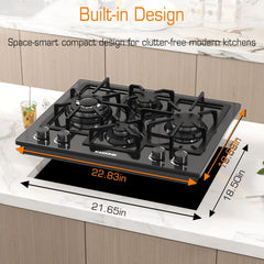 24 in Black Gas Cooktop - Built - in Dual Fuel Natural Gas & Propane Stove - 4 Burner Convertible Cooktop with Thermocouple Protection