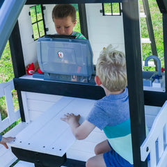 Backyard Discovery Canyon Creek Cedar Wood Swing Set with Wave Slide. Clubhouse. Play Kitchen. Picnic Area. Belt Swings. Web Swing. Rock Wall. Balconies. Playhouse. Step Ladder. Outdoor Playset