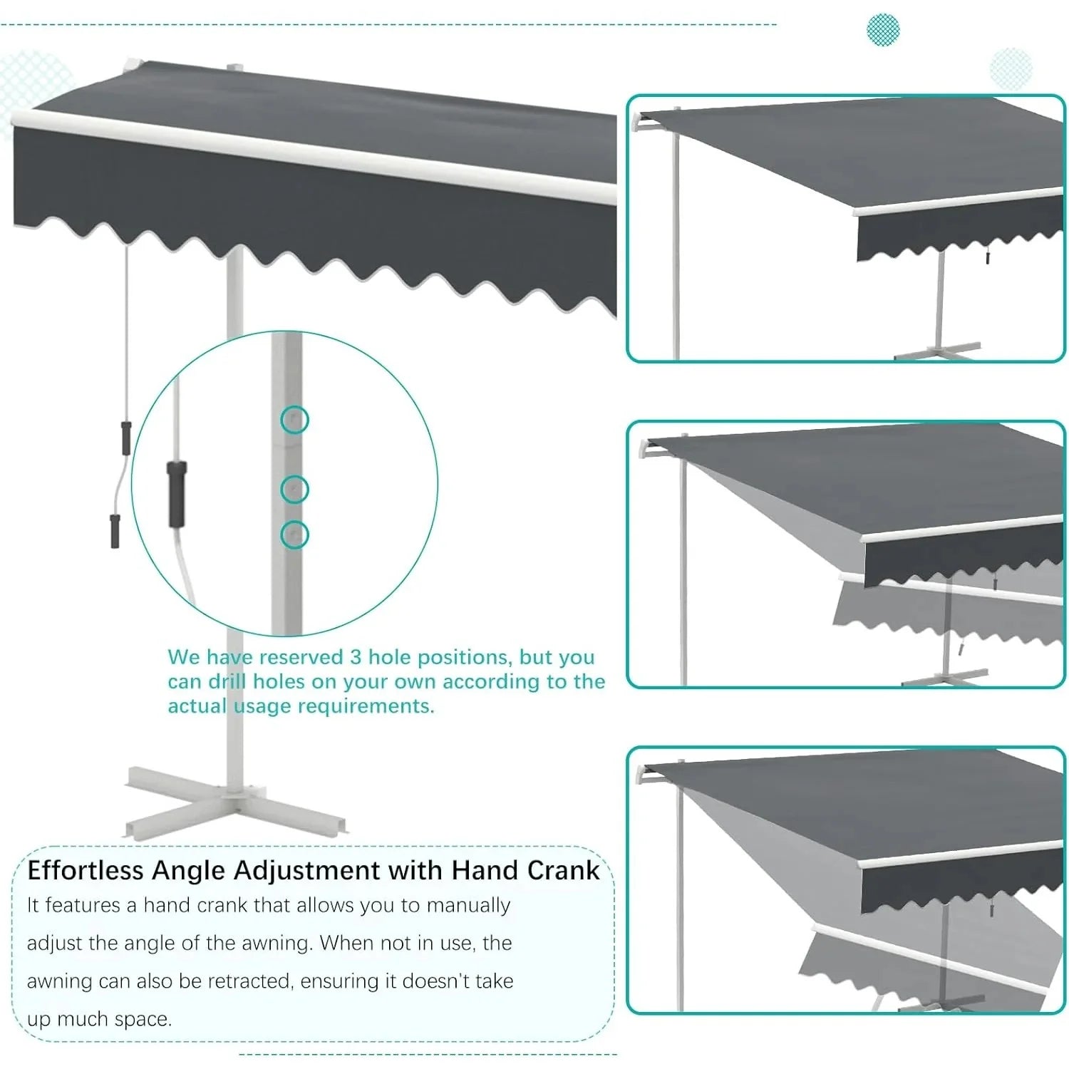 AECOJOY Free Standing Retractable Awning, 13'x10' Patio Awnings Outdoor Manual Sun Shade Shelter, Dark Grey