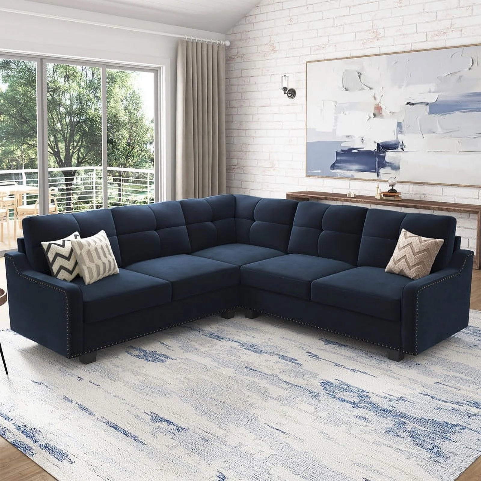 HONBAY Rivet Corner Sofa L - Shaped Sofa Couch Reversible 4 - Seater Couch for Living Room and Apartment, Dark Blue