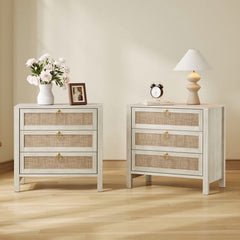 Surmoby Oak Boho 3 - Drawer Nightstand Set of 2 - Extra Wide Storage Night Stand with Gold Handles Large&Tall Bed Side Table for Bedroom Living Room Enterway