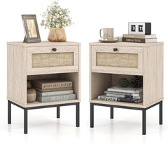 Boho Rattan End Table Nightstand Set of 2 with Drawer, Open Storage Shelf, Living Room, Bedroom, Oak