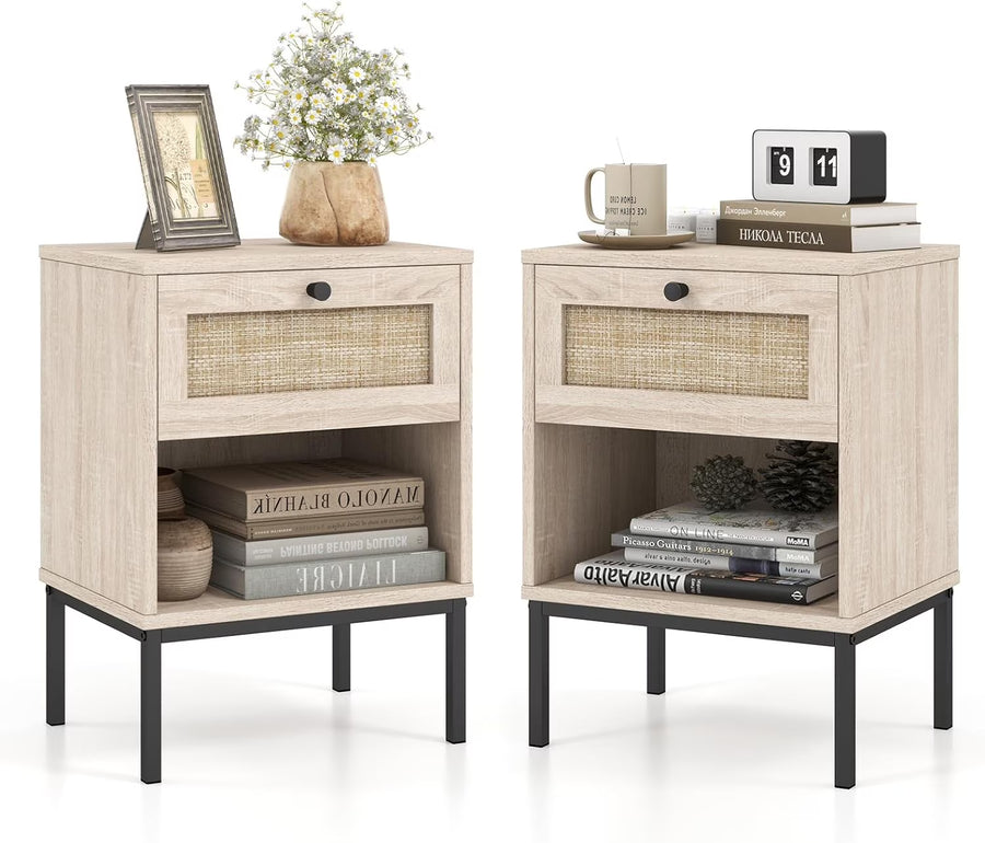 Boho Rattan End Table Nightstand Set of 2 with Drawer, Open Storage Shelf, Living Room, Bedroom, Oak
