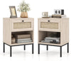 Boho Rattan End Table Nightstand Set of 2 with Drawer, Open Storage Shelf, Living Room, Bedroom, Oak