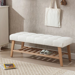 Dayalane Upholstered Storage Bench with Shoe Rack, Linen Fabric Entryway Bench for Living Room, Bedroom and Hallway, Multi Functional Ottoman with Solid Wood Shelf, Beige