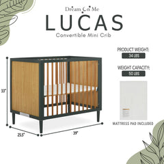 Dream on Me Lucas Mini Modern Crib with Rounded Spindles I Convertible Crib I Mid - Century Meets Modern I Portable Crib