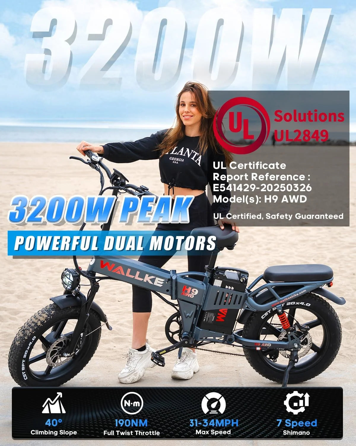 Wallke H9 AWD 3200W Dual Motor Electric Bike for Adult, 82ah 48V Dual Battery Long Range E - Bicycle, 31 - 34MPH Fast Ebike, 20" Fat Tire Offroad Full Suspension Folding, 3mm Aluminum Alloy Frame, UL2849