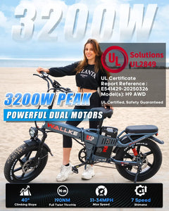 Wallke H9 AWD 3200W Dual Motor Electric Bike for Adult, 82ah 48V Dual Battery Long Range E - Bicycle, 31 - 34MPH Fast Ebike, 20" Fat Tire Offroad Full Suspension Folding, 3mm Aluminum Alloy Frame, UL2849