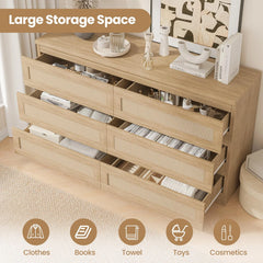 Garvee Rattan Dresser for Bedroom 6 Drawer, Double Dresser with Anti - Tip Kit, Wood Storage Wide Chest of Drawers for Bedroom, Living Room, Hallway, Oak Color