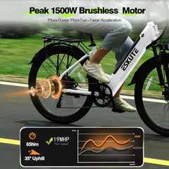 ESKUTE White Electric Bike for Adults - Peak 1500W Brushless Motor, 19MPH, 500W Motor 48v14ah Removable Battery, 26" Step - Thru Cityrun Ebike, 7 - Speed, up 70 Miles, Commuter E - Bike, with NFC Unlock