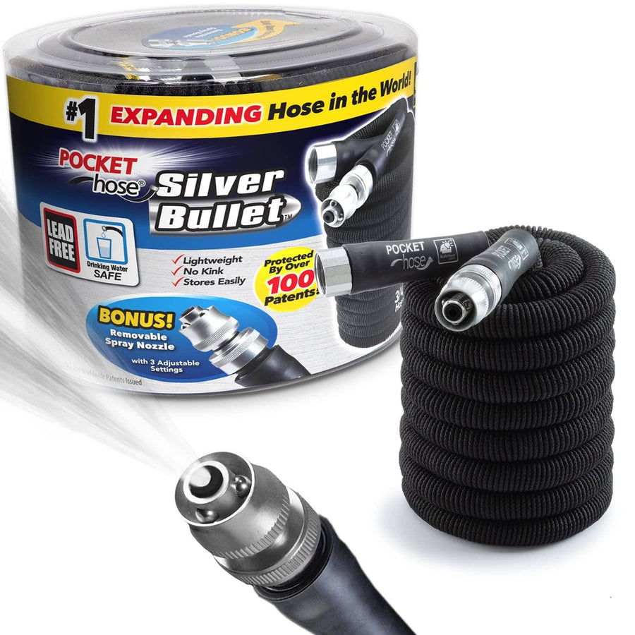 BulbHead Pocket Hose Silver Bullet 50 ft Turbo Shot Nozzle Multiple Spray Patterns Expandable Garden Hose 3/4 in Solid Aluminum Fittings Lead-Free