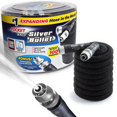 BulbHead Pocket Hose Silver Bullet 50 ft Turbo Shot Nozzle Multiple Spray Patterns Expandable Garden Hose 3/4 in Solid Aluminum Fittings Lead-Free