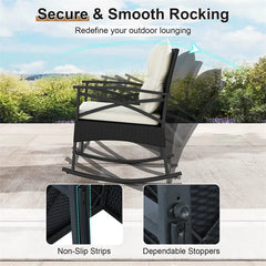 3 Piece Rattan Patio Rocking Bistro Set, Outdoor Wicker Rockers with Cushions & 2-Tier Tempered Glass Coffee Table for Porch, Balcony, Backyard