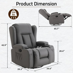 AECOJOY Recliner Chair with Massage and Heat, 360° Swivel Rocking, Grey